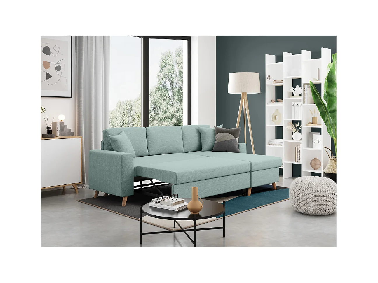 Canapé d'Angle Scandinave Réversible Convertible avec Coffre en Tissu