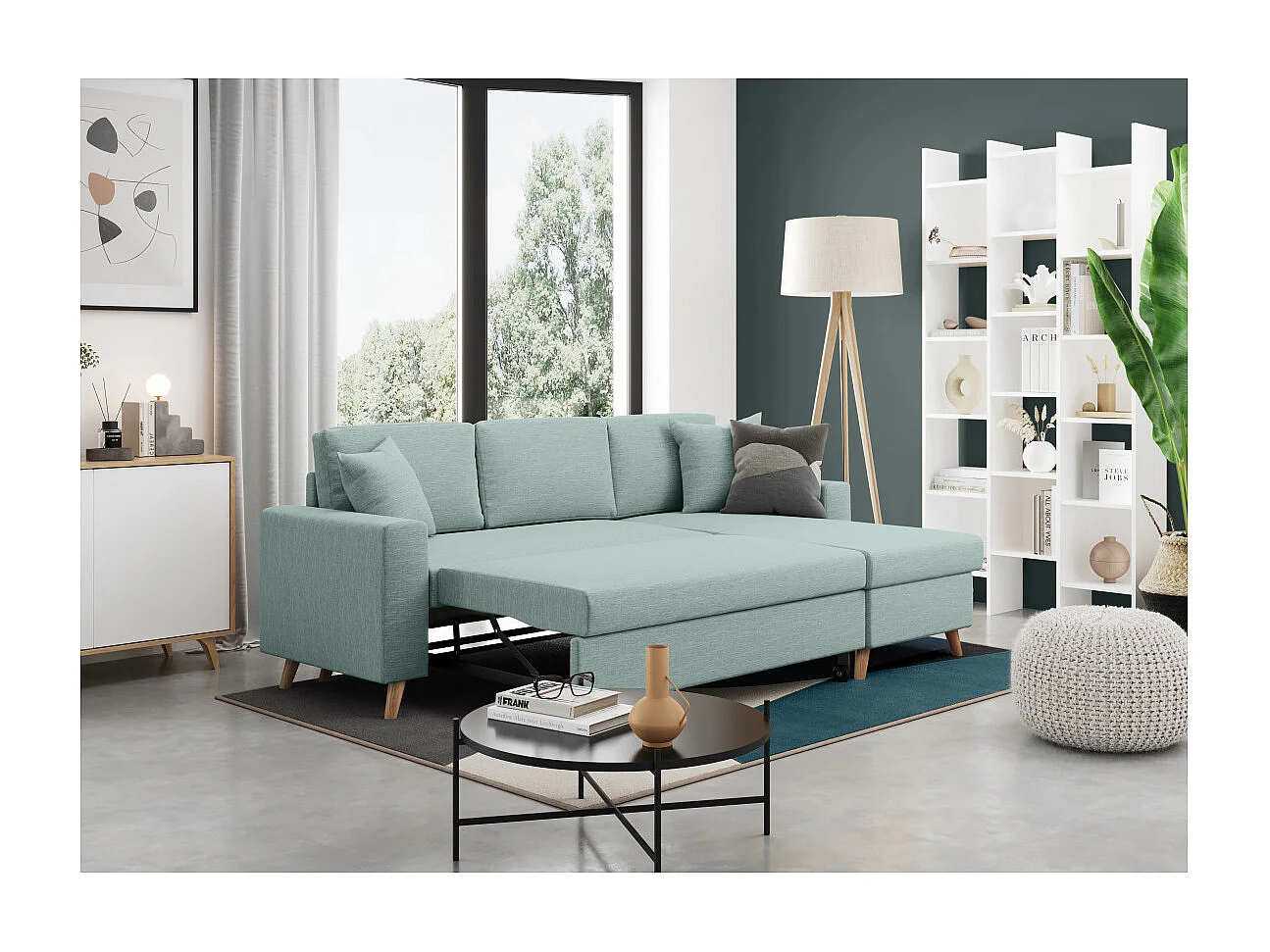 Canapé d'Angle Scandinave Réversible Convertible avec Coffre en Tissu