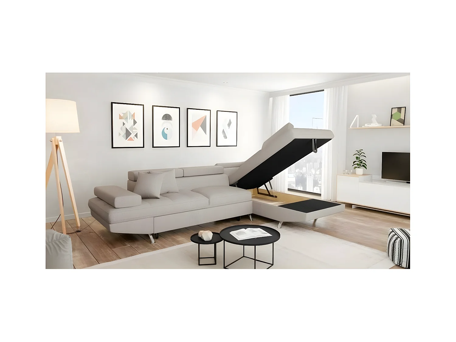 Canapé d'angle convertible droit avec coffre de rangement en tissu