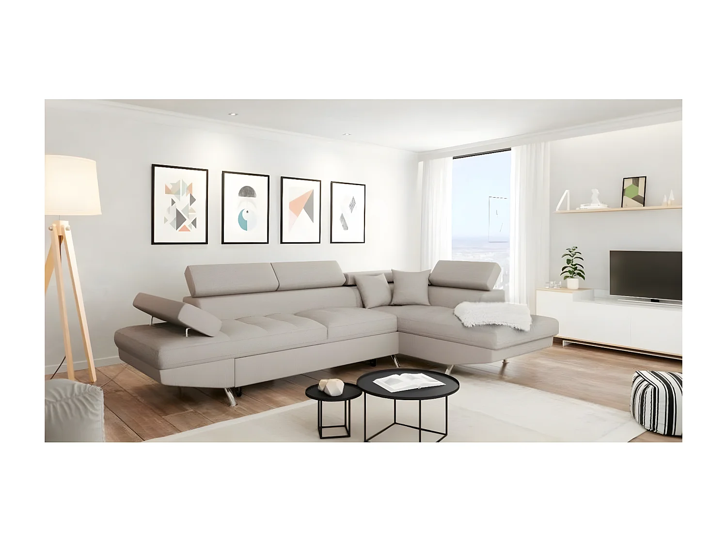 Canapé d'angle convertible droit avec coffre de rangement en tissu