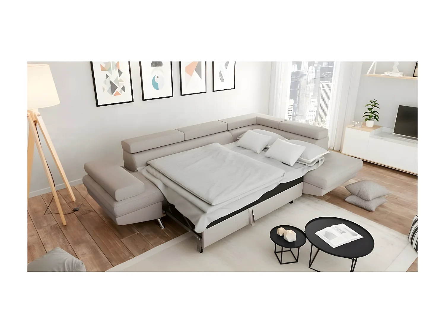 Canapé d'angle convertible droit avec coffre de rangement en tissu