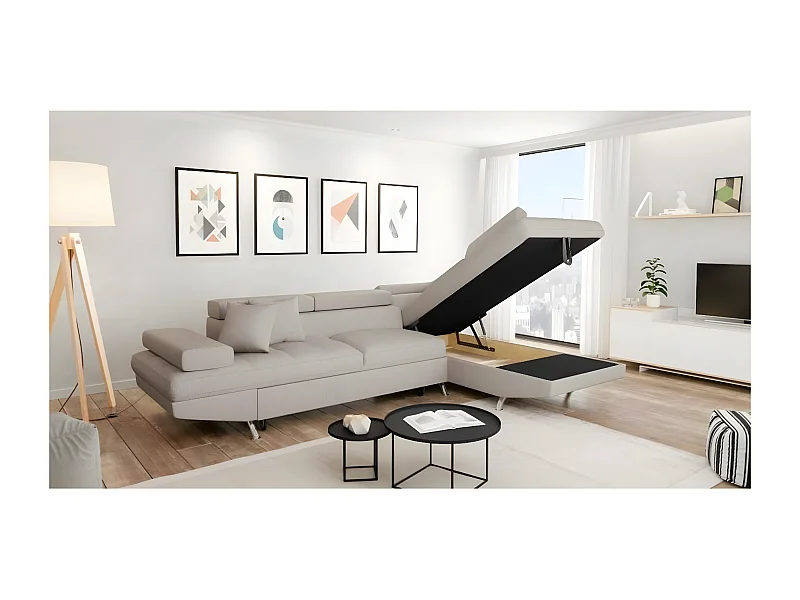 Canapé d'angle convertible droit avec coffre de rangement en tissu