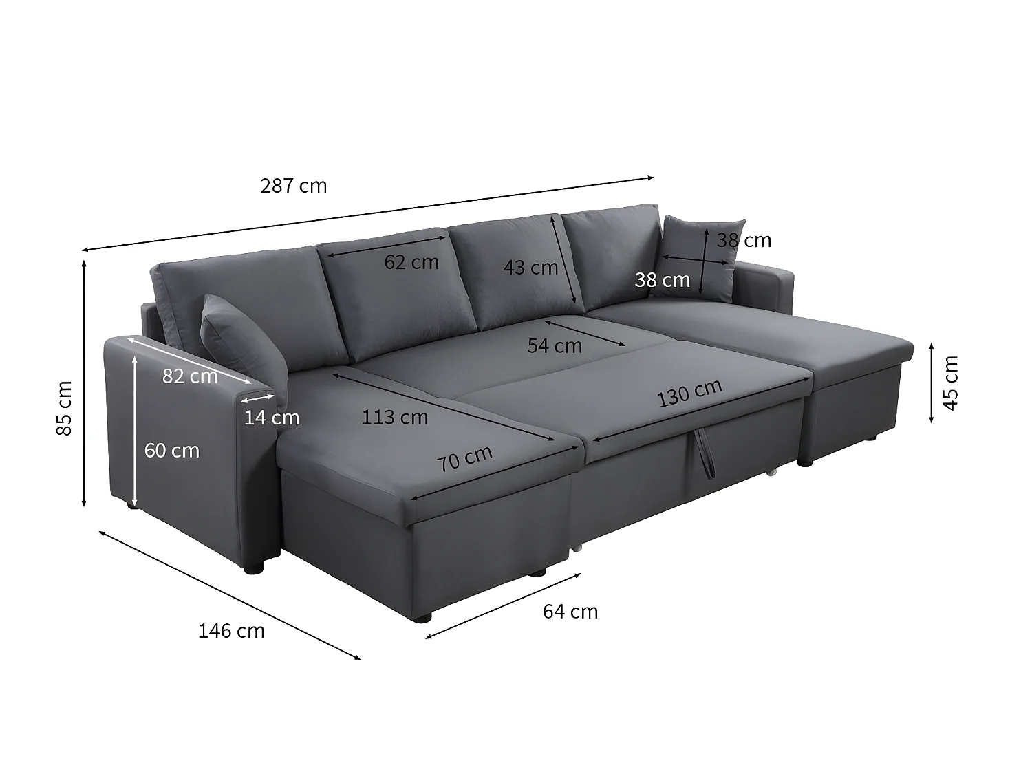 Canapé Panoramique Convertible avec 2 Coffres en Tissu