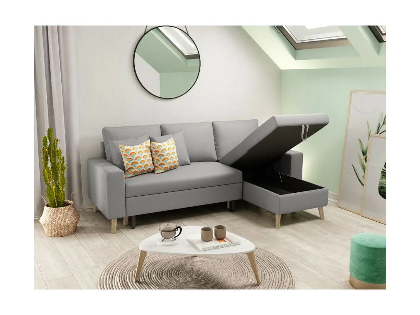 Canapé d'Angle Scandinave Réversible Convertible avec Coffre en Tissu