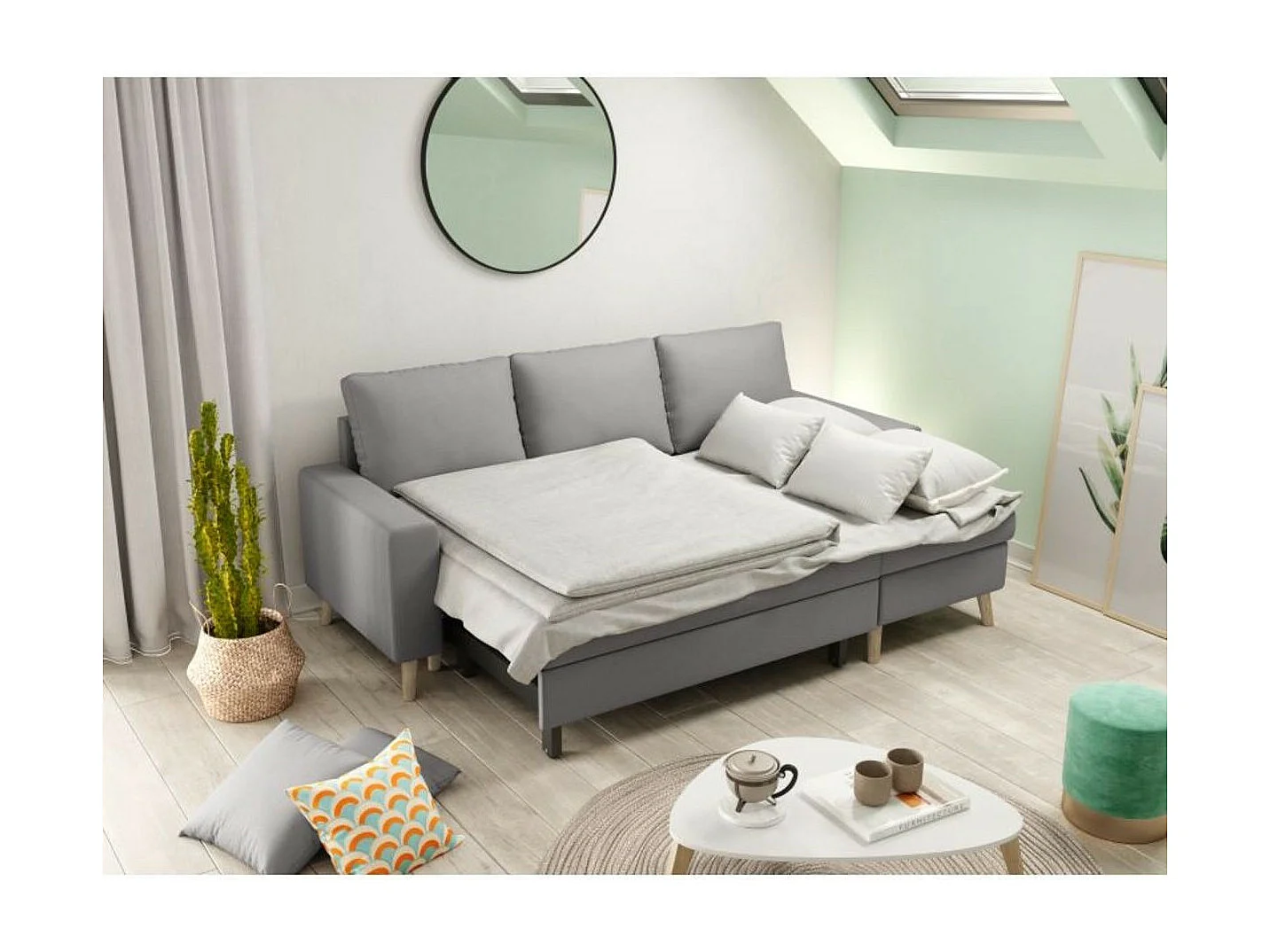 Canapé d'Angle Scandinave Réversible Convertible avec Coffre en Tissu