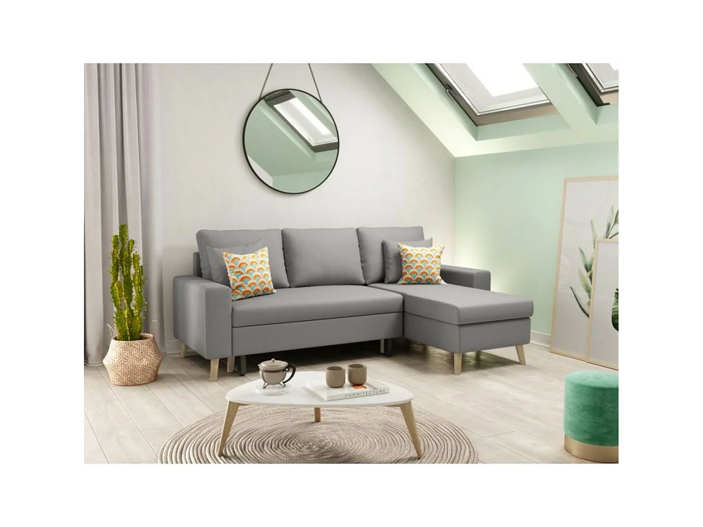 Canapé d'Angle Scandinave Réversible Convertible avec Coffre en Tissu