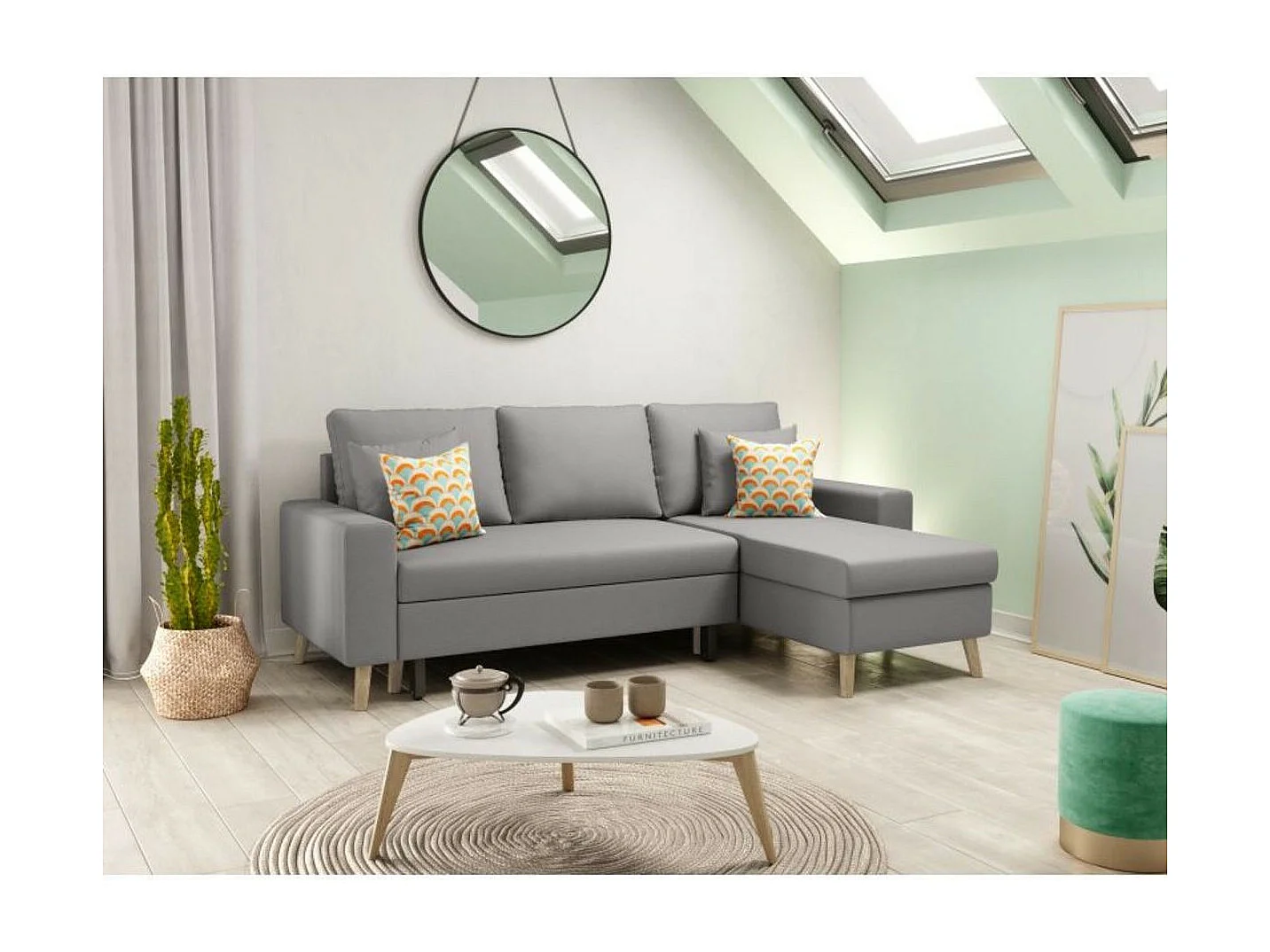 Canapé d'Angle Scandinave Réversible Convertible avec Coffre en Tissu