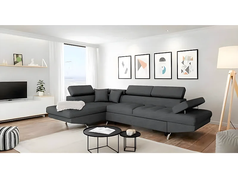 Canapé d'angle gauche 5 places Rio Convertible avec coffre en tissu - Gris anthracite - L271 x P192 x H70cm - Loungitude