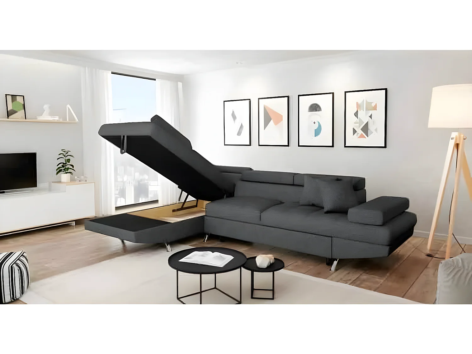 Canapé d'angle gauche 5 places Rio Convertible avec coffre en tissu - Gris anthracite - L271 x P192 x H70cm - Loungitude