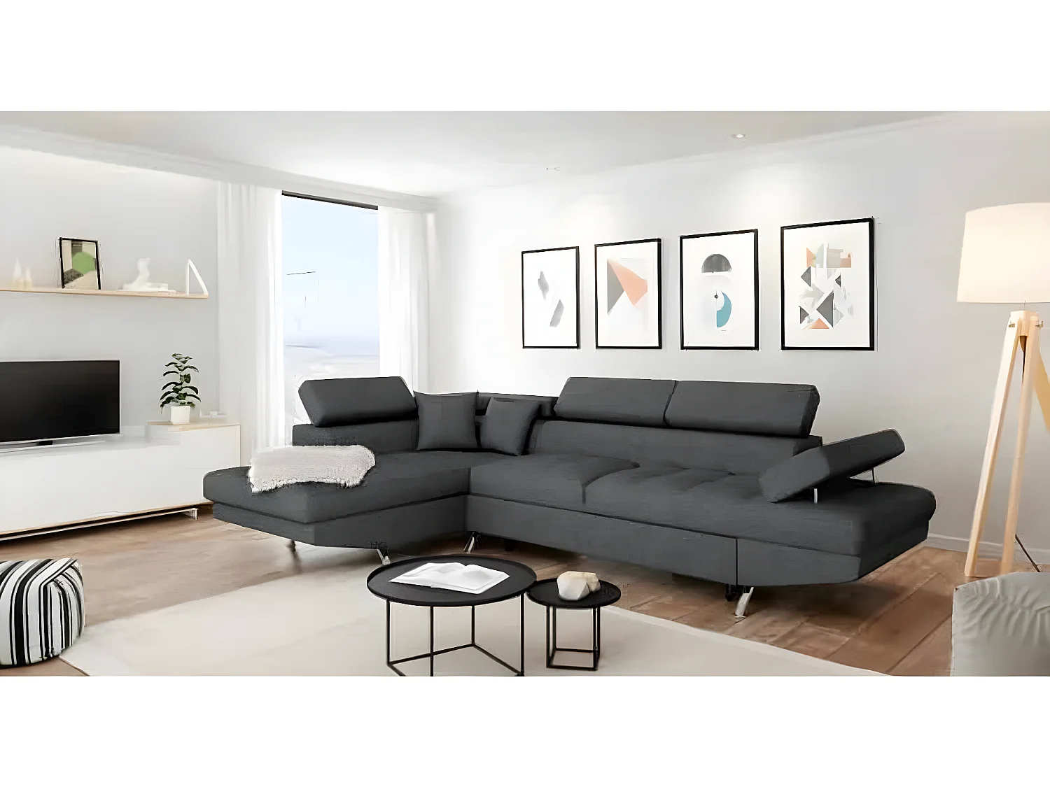 Canapé d'angle gauche 5 places Rio convertible avec coffre en tissu - Gris anthracite - L271 x P192 x H70cm - Loungitude