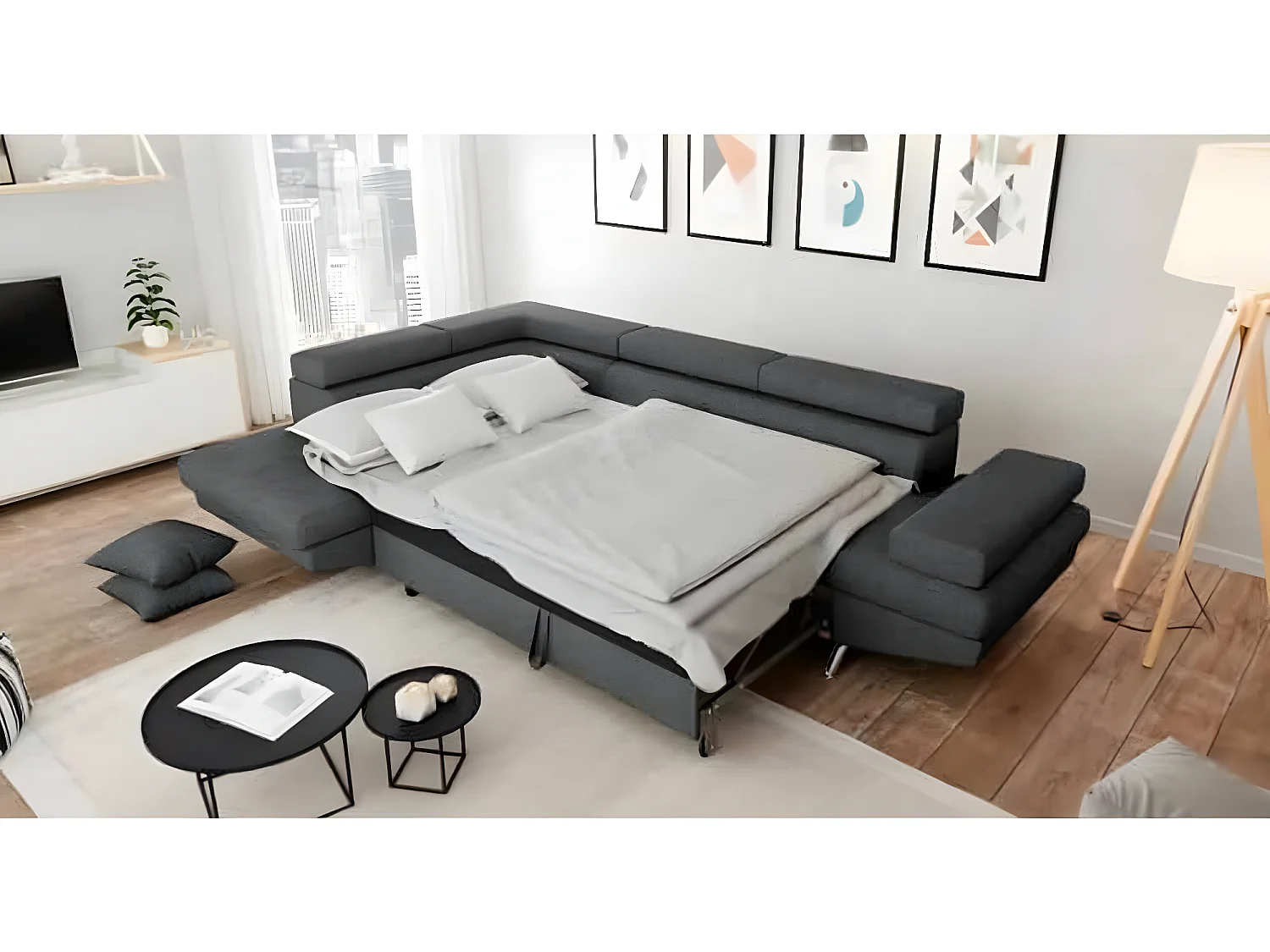 Canapé d'angle gauche 5 places Rio convertible avec coffre en tissu - Gris anthracite - L271 x P192 x H70cm - Loungitude