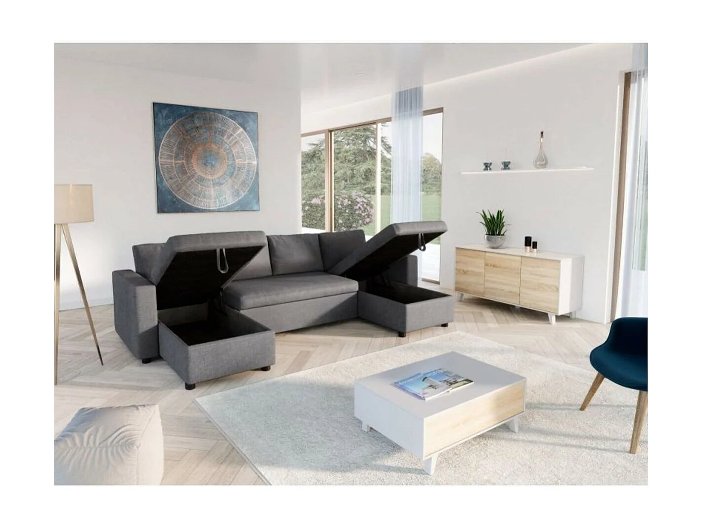 Canapé Panoramique Convertible avec 2 Coffres en Tissu