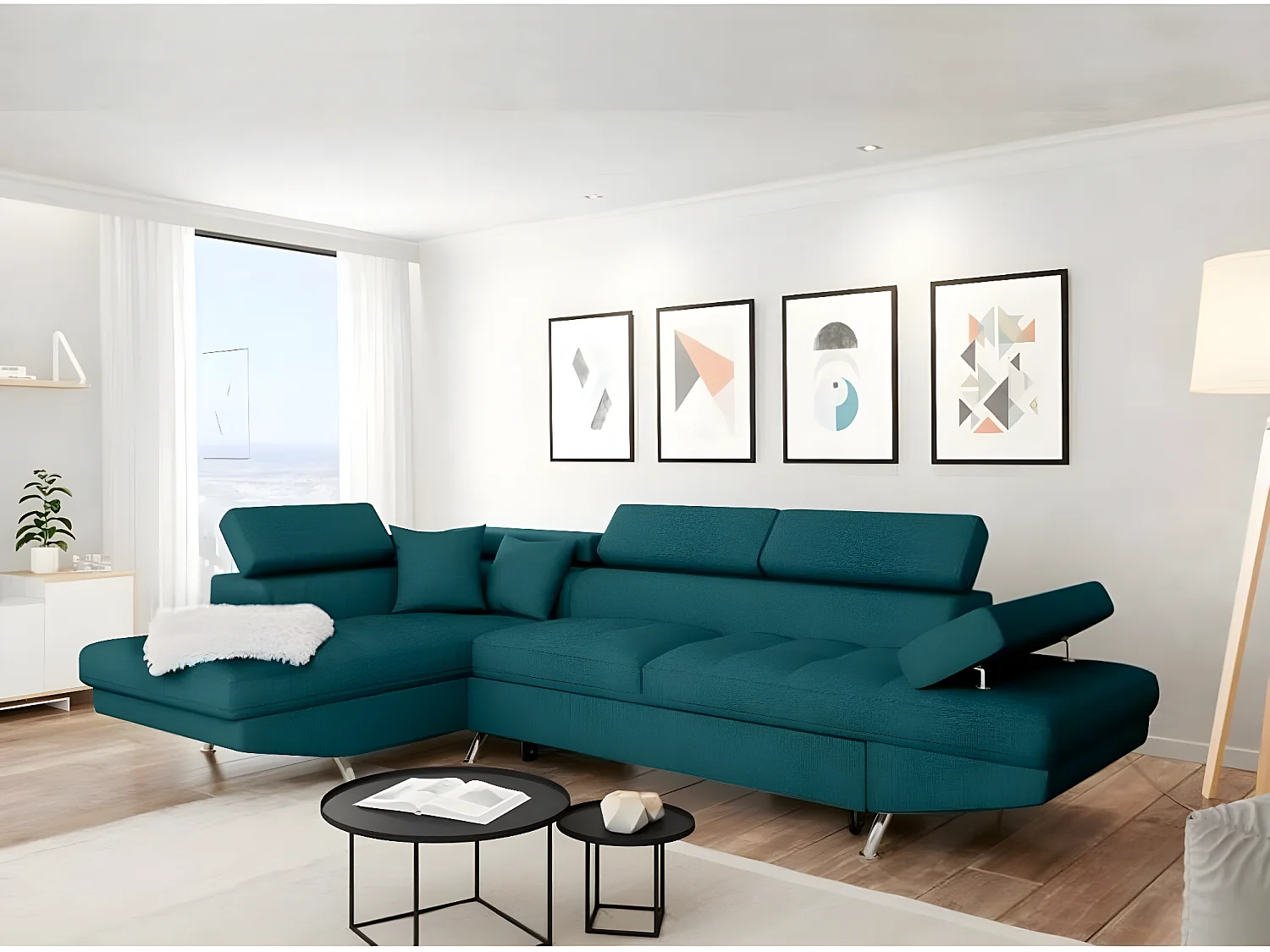 Canapé d'angle gauche 5 places Rio Convertible avec coffre en tissu - Bleu - L271 x P192 x H70cm - Loungitude