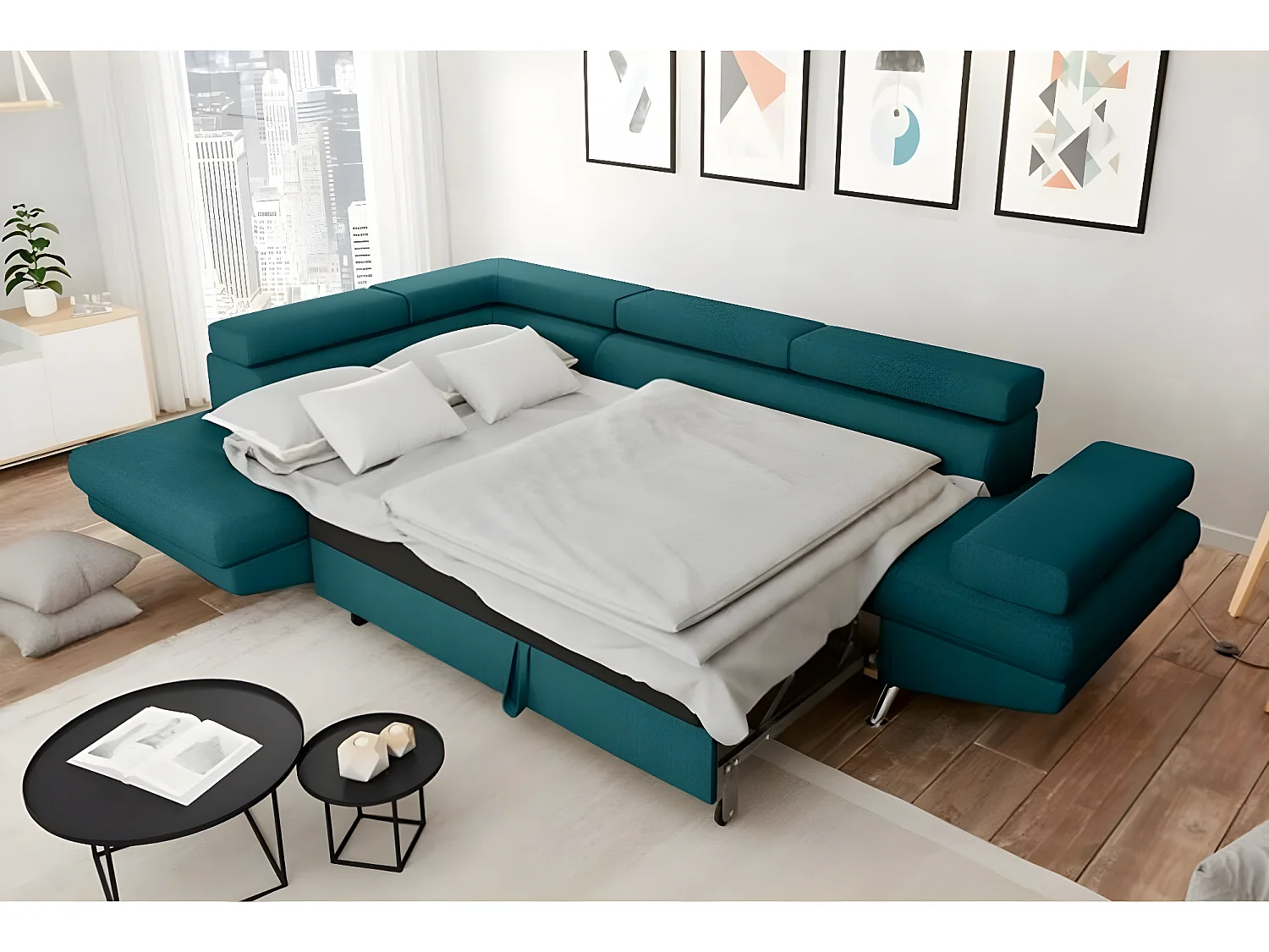 Canapé d'angle gauche 5 places Rio Convertible avec coffre en tissu - Bleu - L271 x P192 x H70cm - Loungitude
