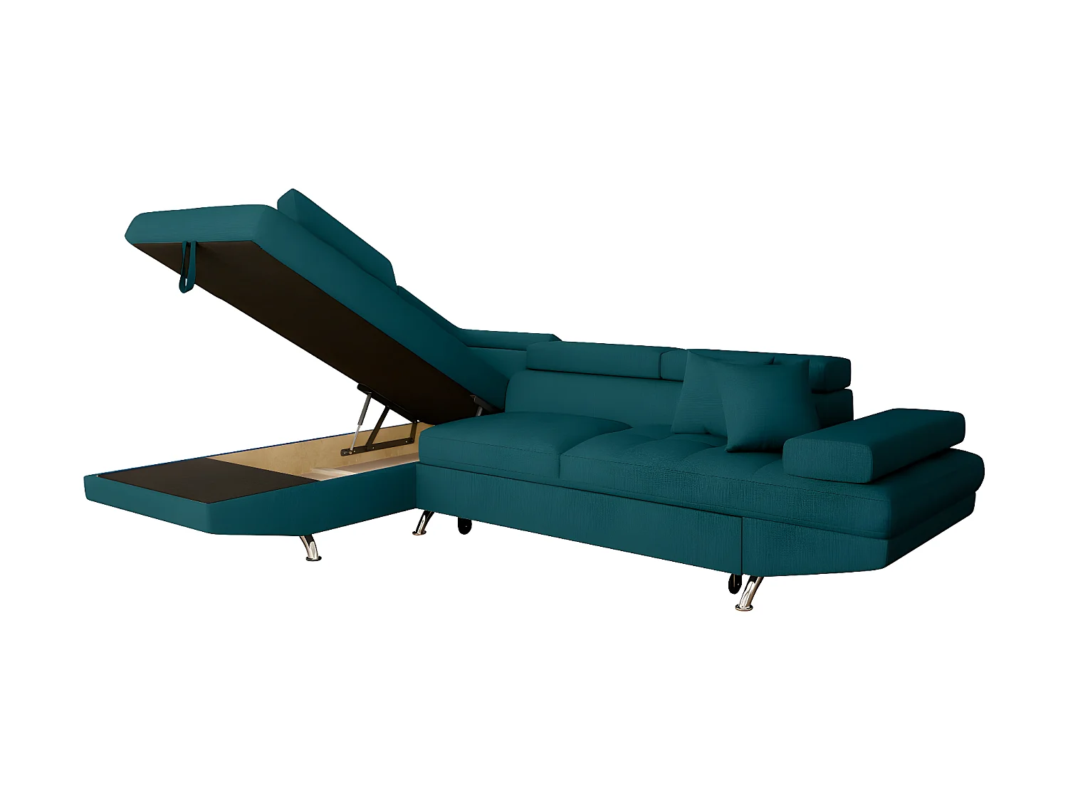 Canapé d'angle gauche 5 places Rio Convertible avec coffre en tissu - Bleu - L271 x P192 x H70cm - Loungitude