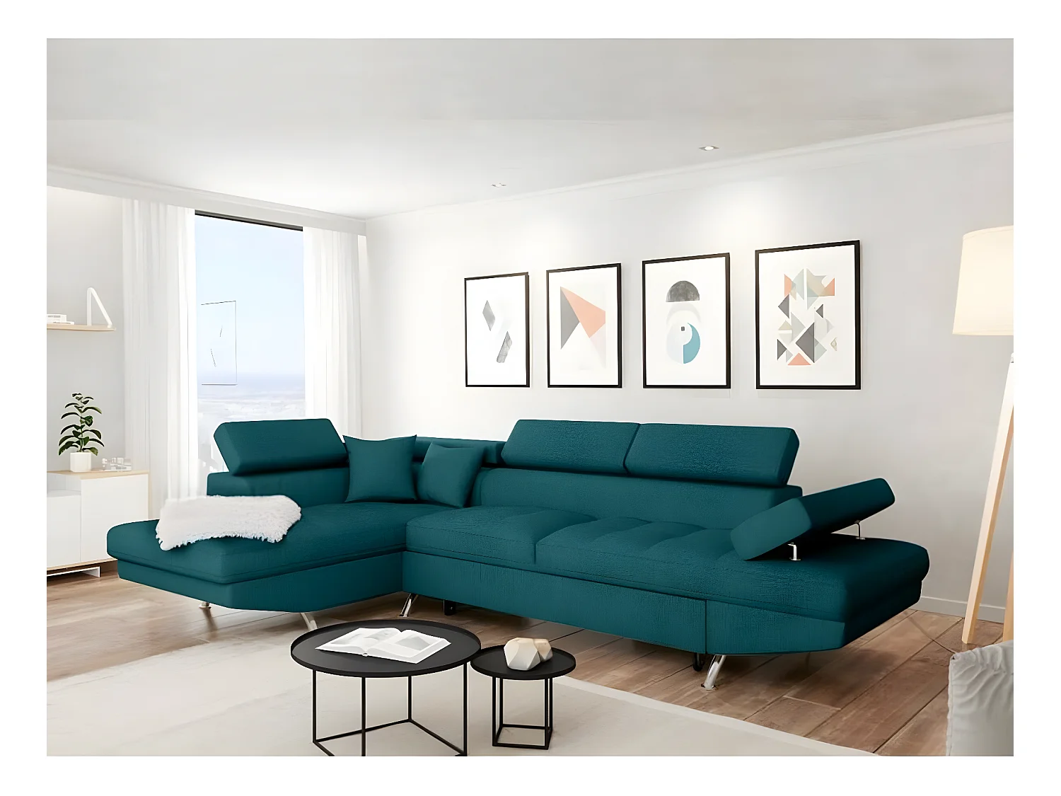 Canapé d'angle gauche 5 places Rio Convertible avec coffre en tissu - Bleu - L271 x P192 x H70cm - Loungitude