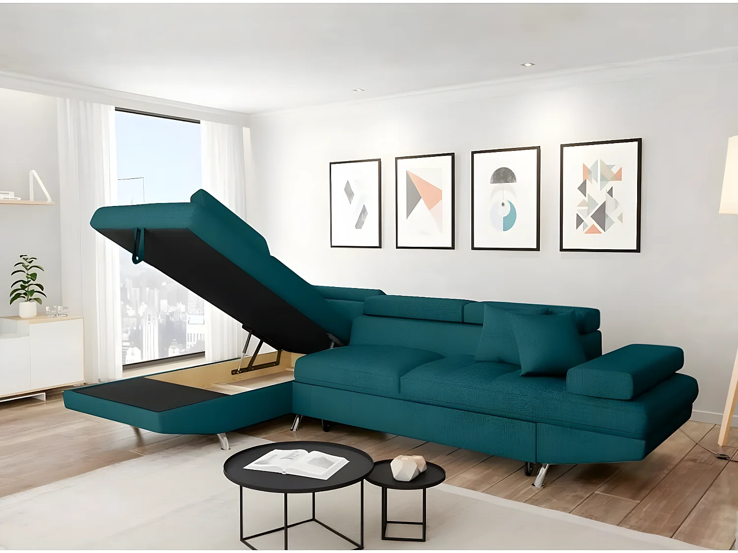 Canapé d'angle gauche 5 places Rio convertible avec coffre en tissu - Bleu - L271 x P192 x H70cm - Loungitude