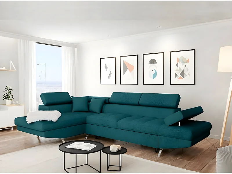 Canapé d'angle gauche 5 places Rio convertible avec coffre en tissu - Bleu - L271 x P192 x H70cm - Loungitude
