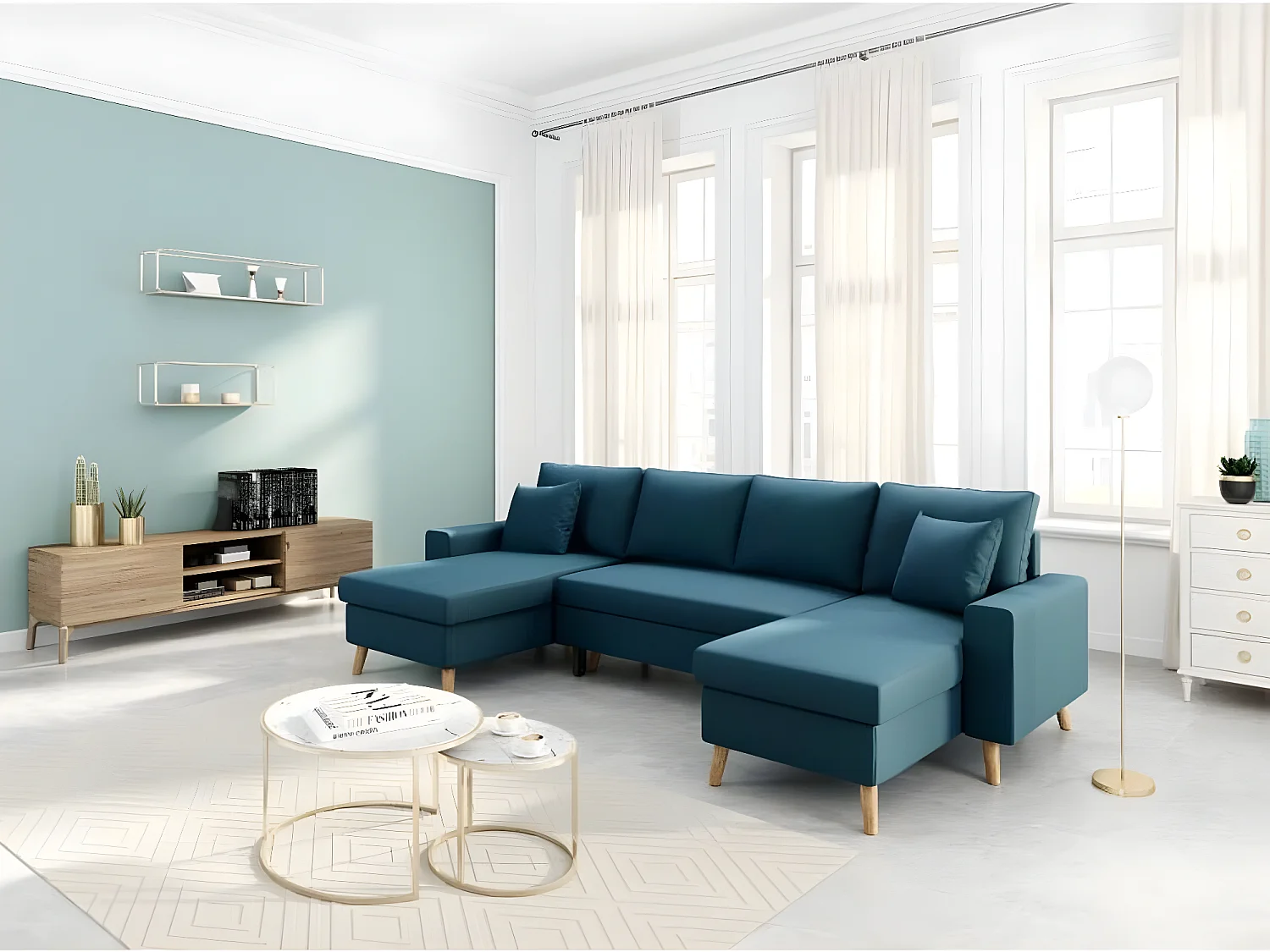 Canapé Panoramique Scandinave Convertible 2 Coffres en Tissu Déperlant