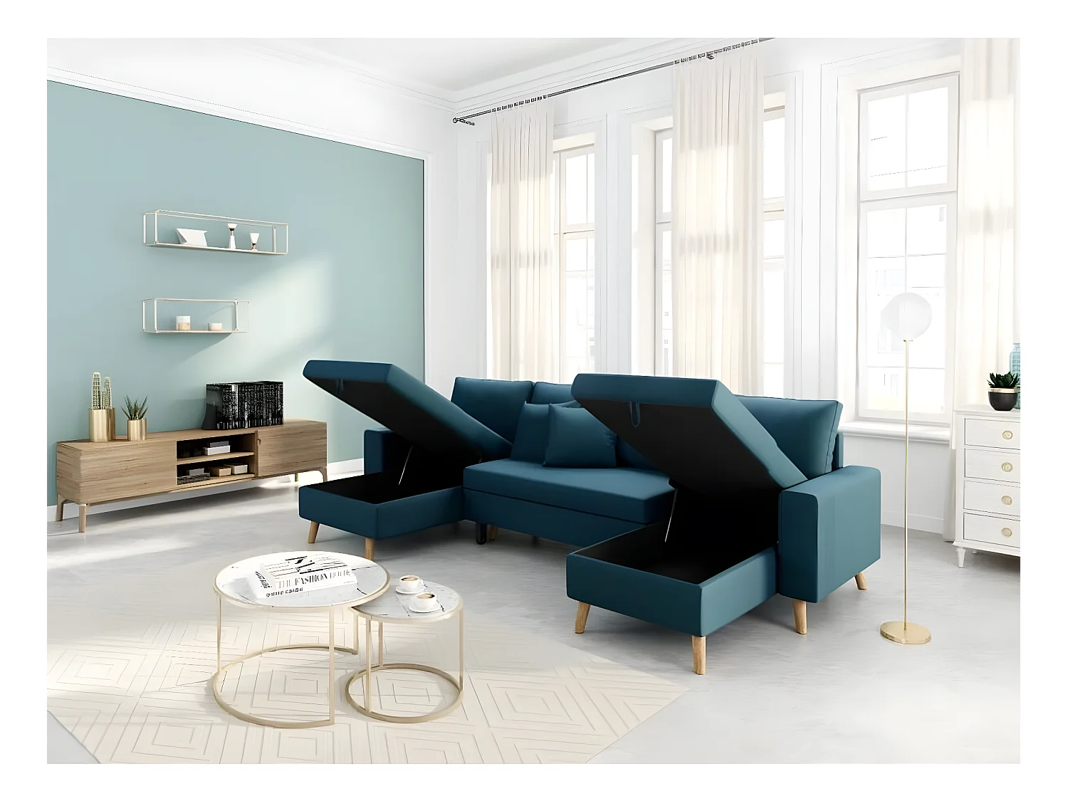 Canapé Panoramique Scandinave Convertible 2 Coffres en Tissu Déperlant