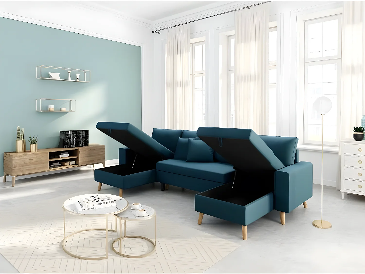 Canapé Panoramique Scandinave Convertible 2 Coffres en Tissu Déperlant