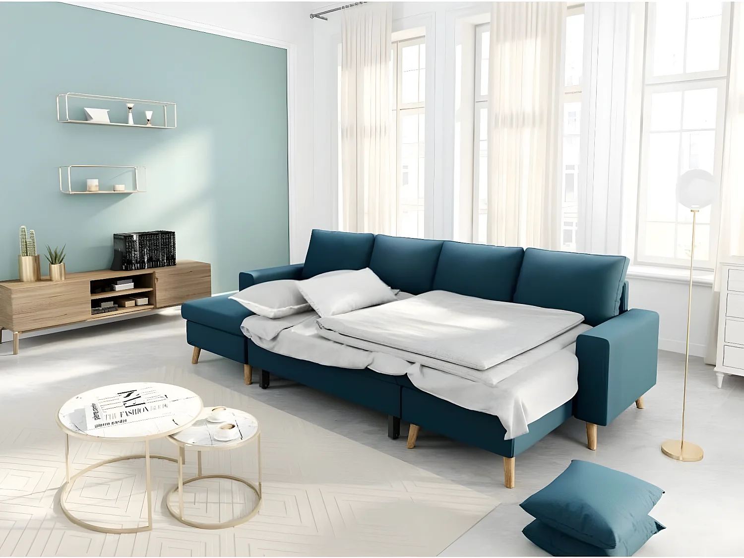 Canapé Panoramique Scandinave Convertible 2 Coffres en Tissu Déperlant