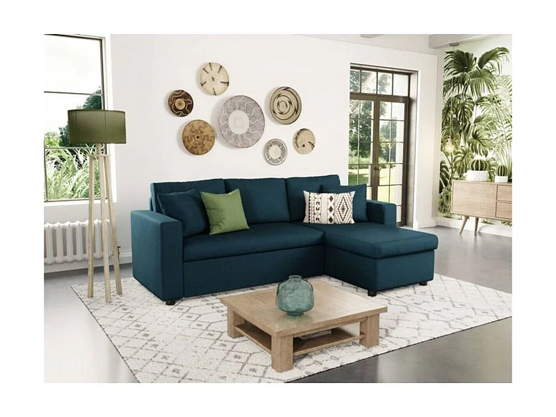 Canapé d'angle 3 places Maria réversible, convertible avec coffre en tissu - Bleu - L227 x P146 x H81cm - Loungitude