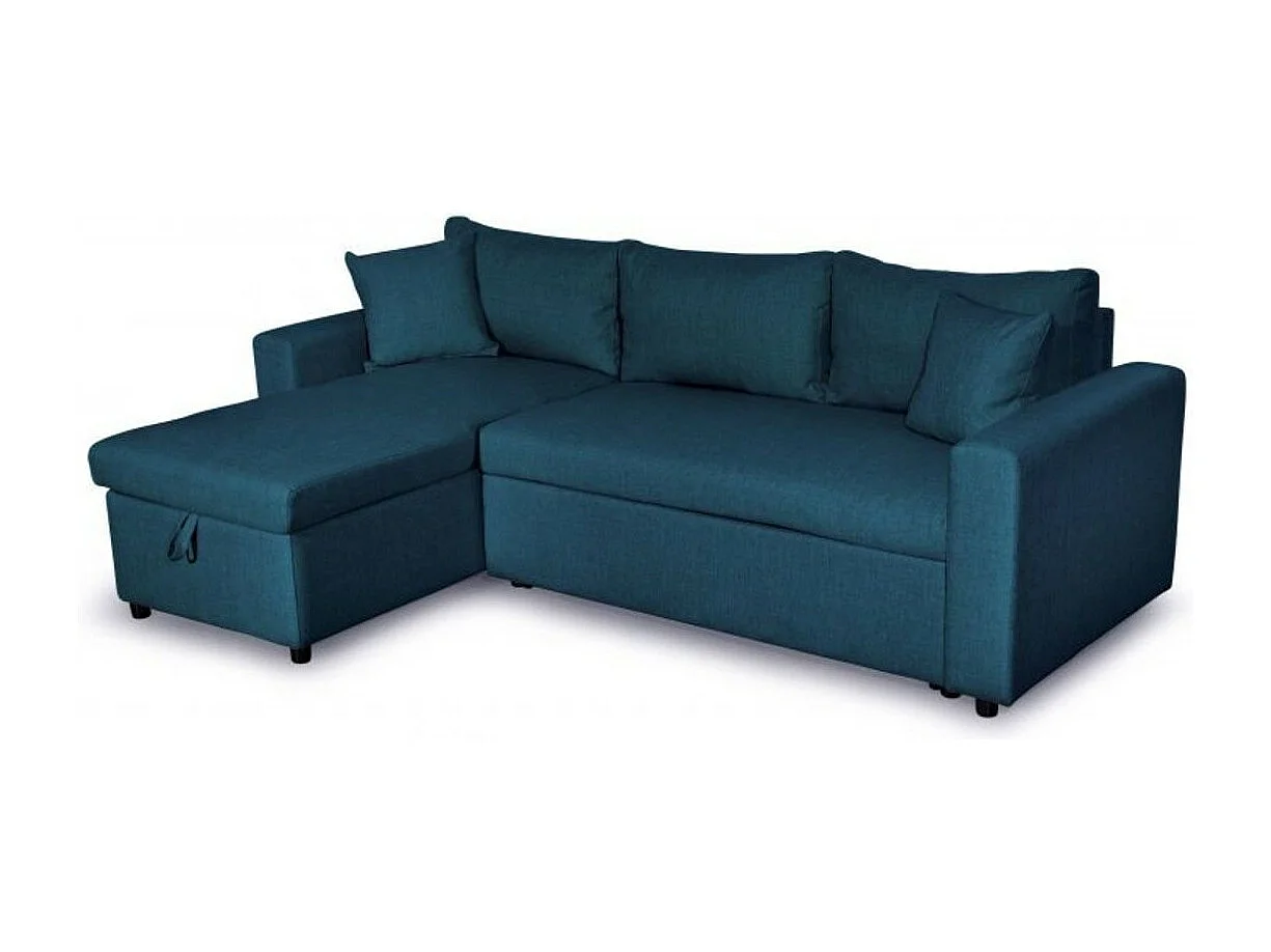 Canapé d'angle 3 places Maria réversible, convertible avec coffre en tissu - Bleu - L227 x P146 x H81cm - Loungitude
