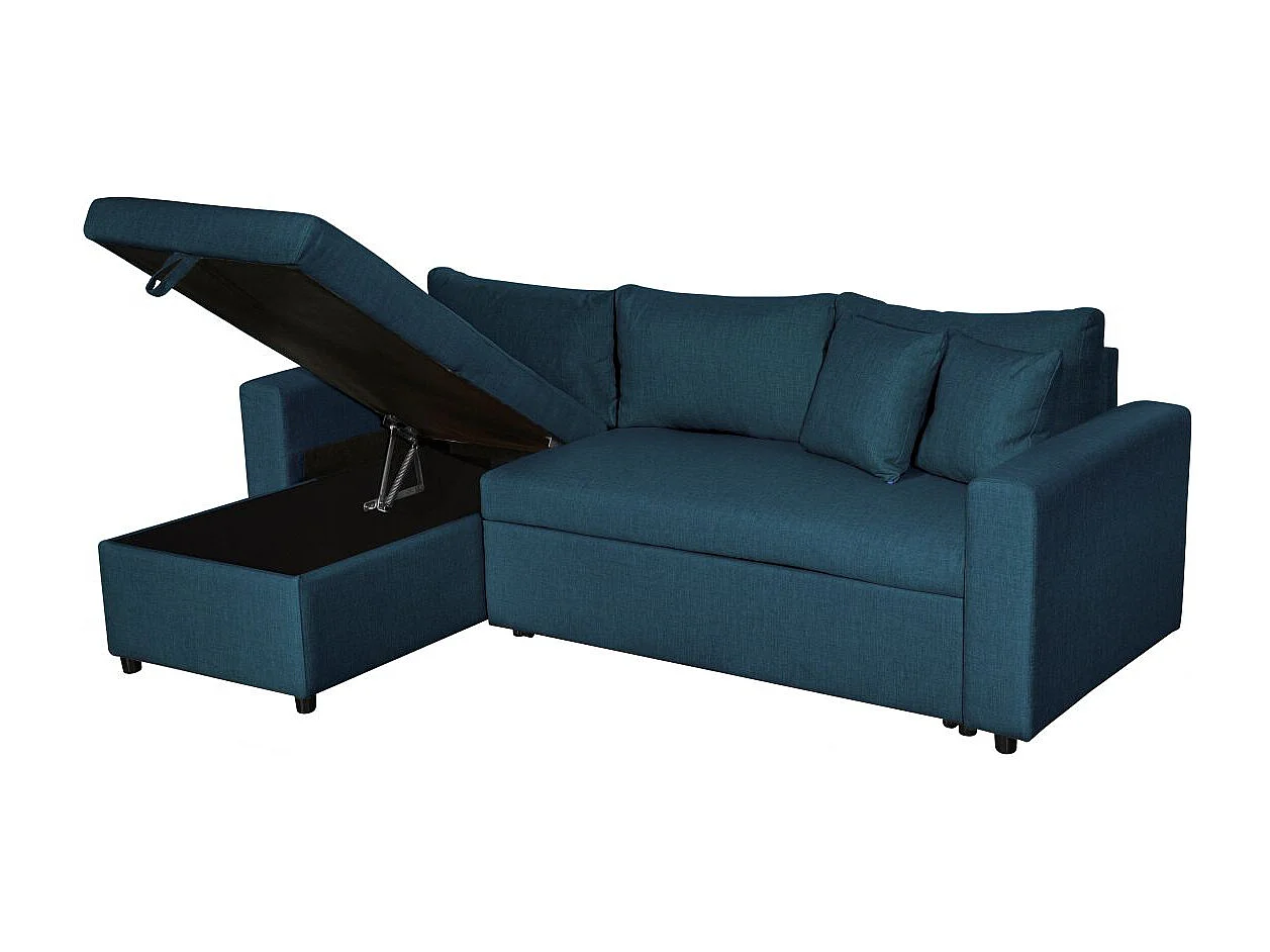 Canapé d'angle 3 places Maria réversible, convertible avec coffre en tissu - Bleu - L227 x P146 x H81cm - Loungitude