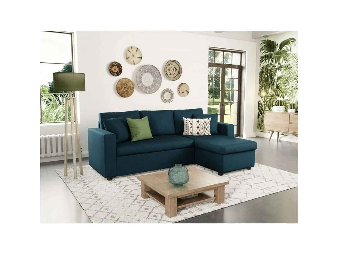 Canapé d'angle 3 places Maria réversible, convertible avec coffre en tissu - Bleu - L227 x P146 x H81cm - Loungitude