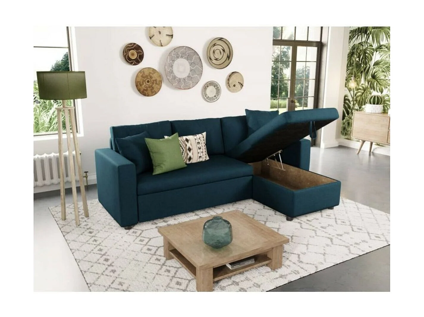 Canapé d'angle 3 places Maria réversible, convertible avec coffre en tissu - Bleu - L227 x P146 x H81cm - Loungitude