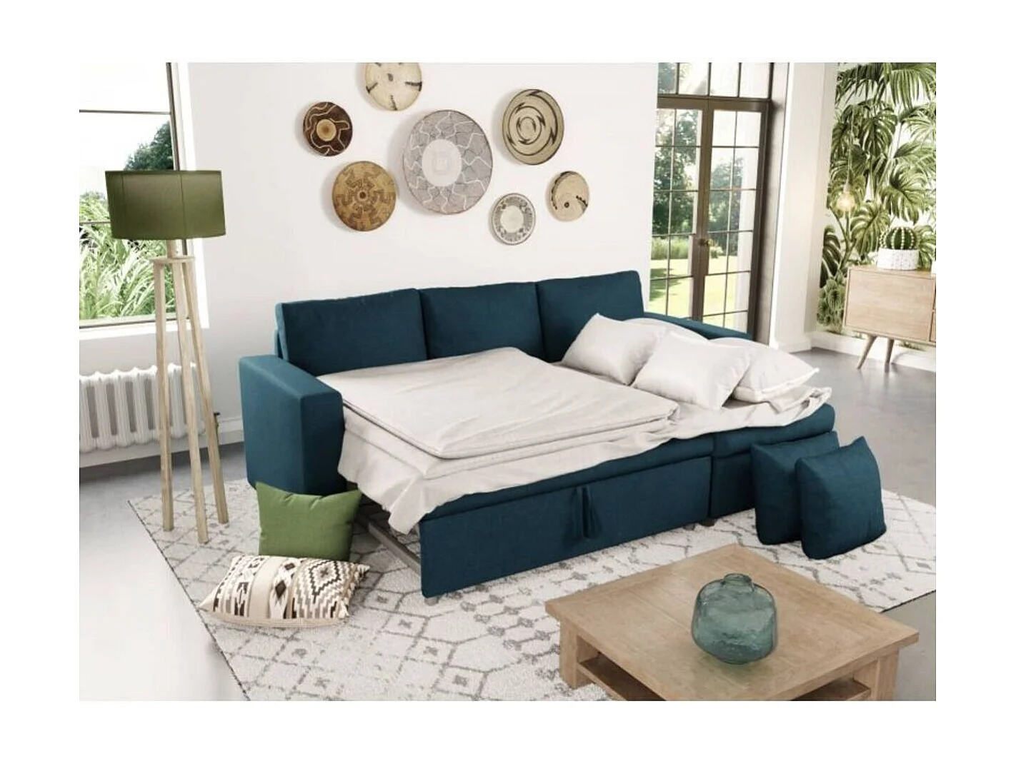 Canapé d'angle 3 places Maria réversible, convertible avec coffre en tissu - Bleu - L227 x P146 x H81cm - Loungitude