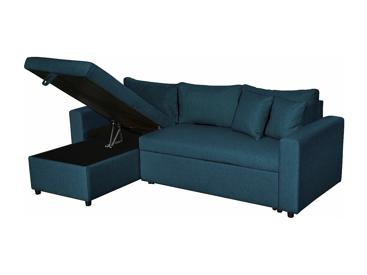 Canapé d'angle 3 places Maria réversible, convertible avec coffre en tissu - Bleu - L227 x P146 x H81cm - Loungitude