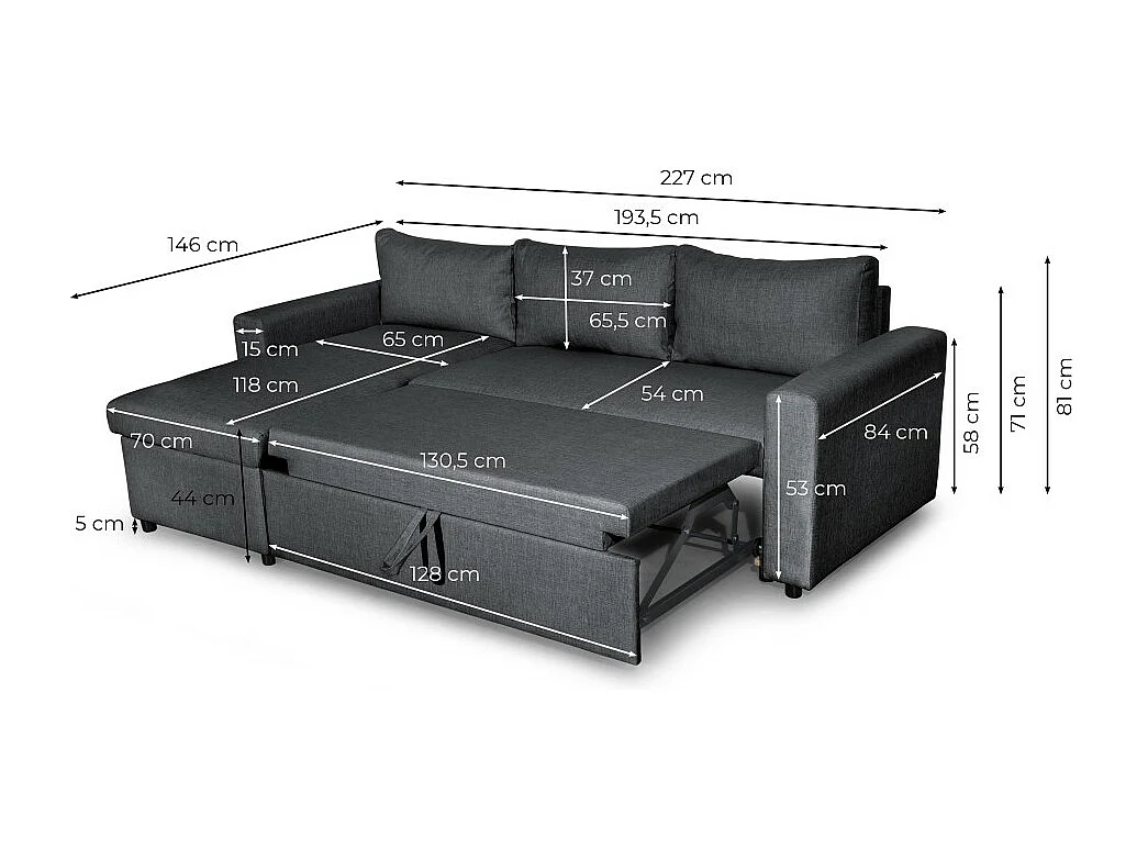 Canapé d'angle 3 places Maria réversible, convertible avec coffre en tissu - Bleu - L227 x P146 x H81cm - Loungitude
