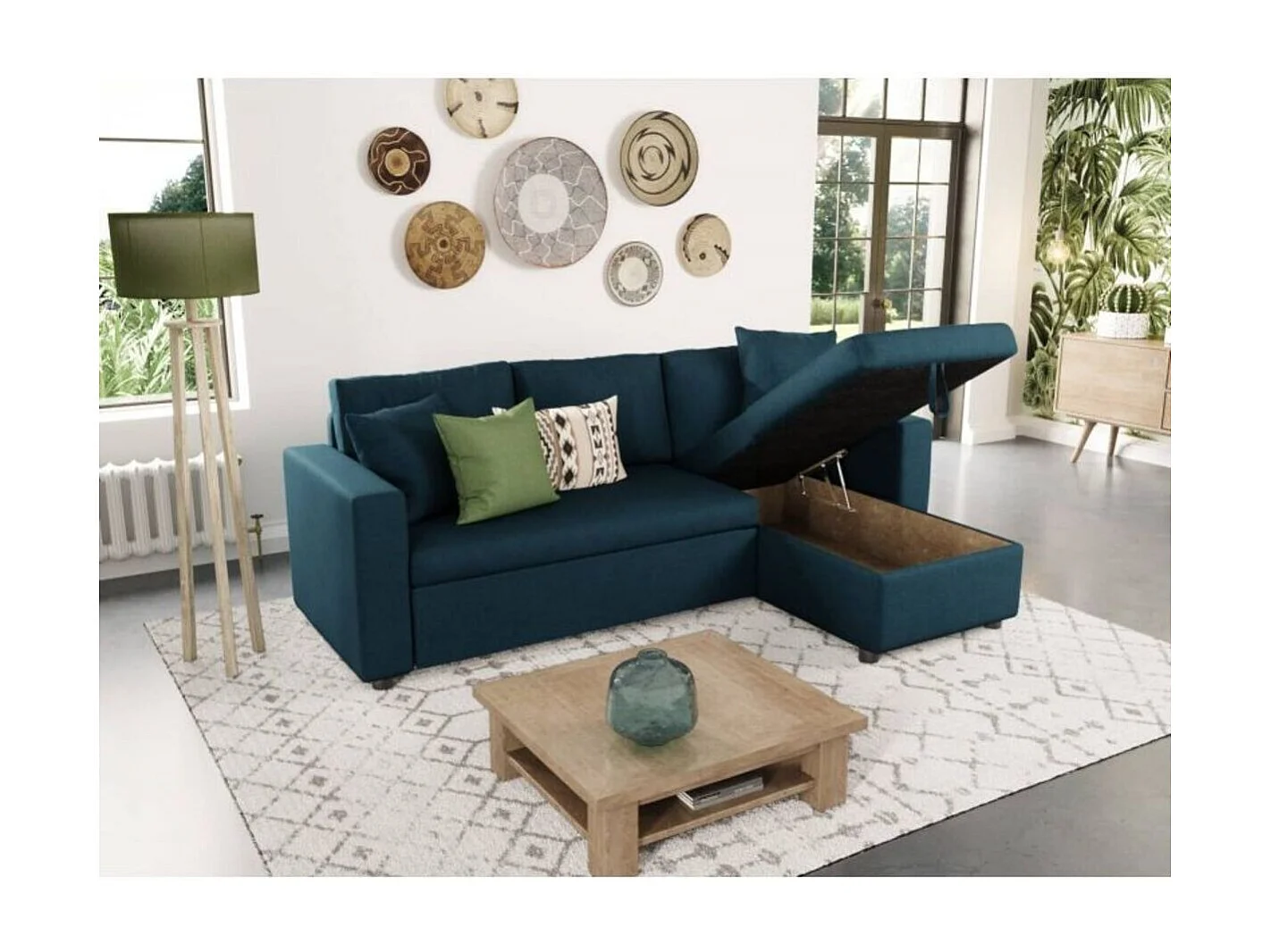 Canapé d'angle 3 places Maria réversible, convertible avec coffre en tissu - Bleu - L227 x P146 x H81cm - Loungitude