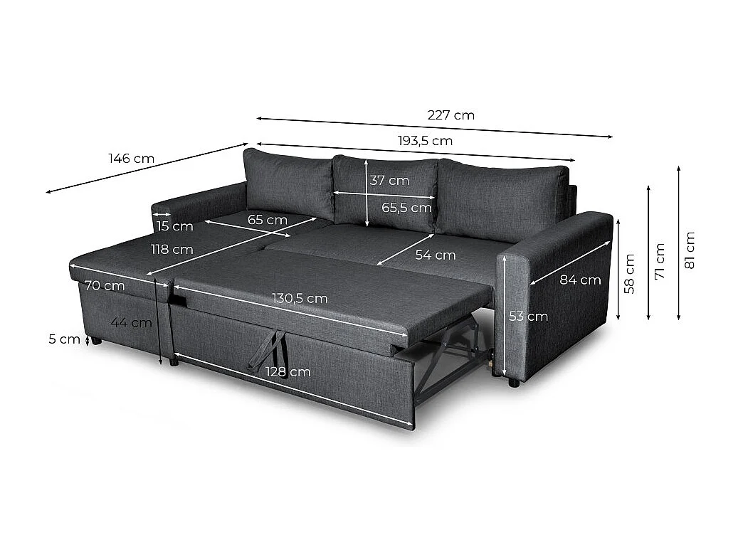 Canapé d'angle 3 places Maria réversible, convertible avec coffre en tissu - Bleu - L227 x P146 x H81cm - Loungitude