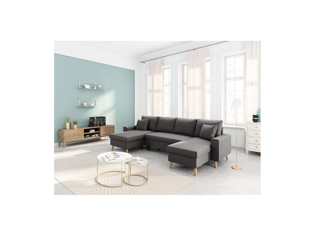 Canapé Panoramique Scandinave Convertible 2 Coffres en Tissu Déperlant