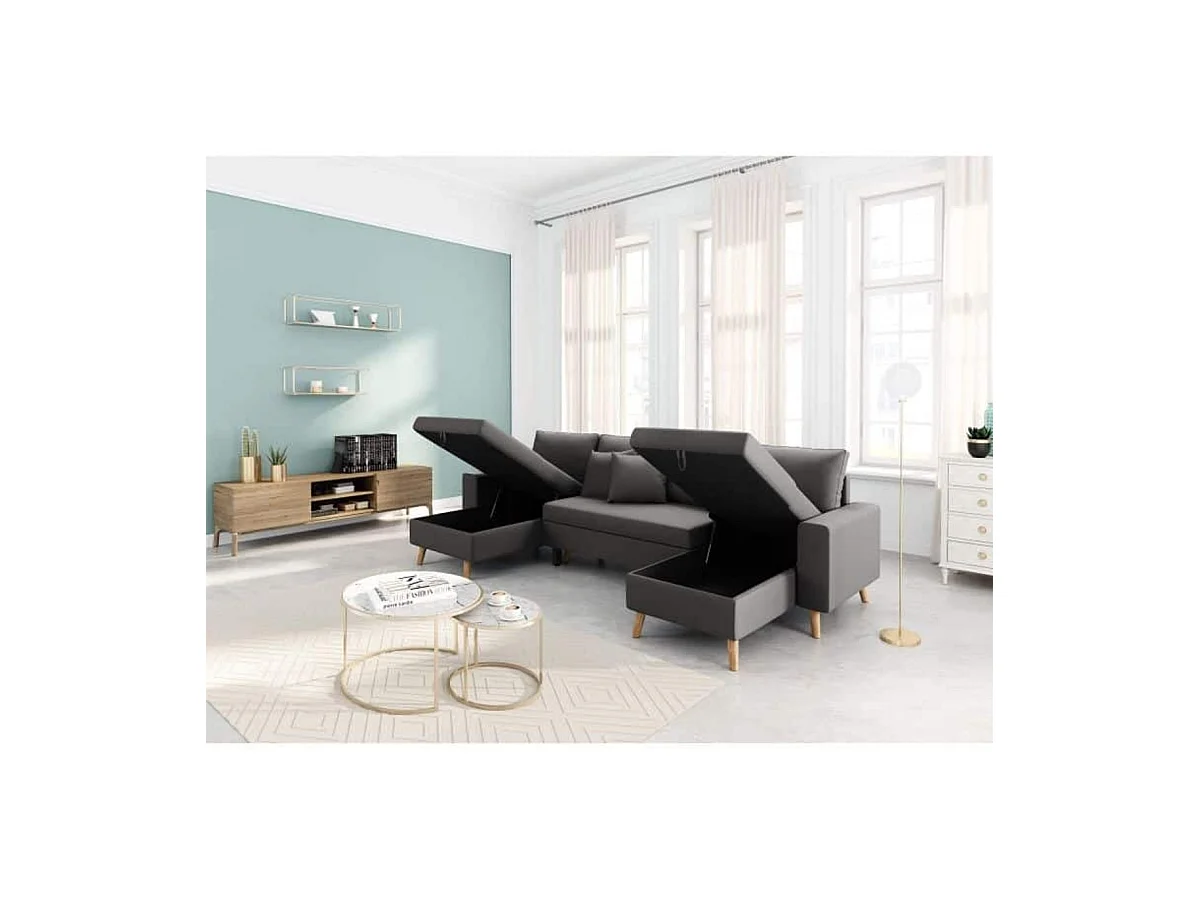 Canapé Panoramique Scandinave Convertible 2 Coffres en Tissu Déperlant