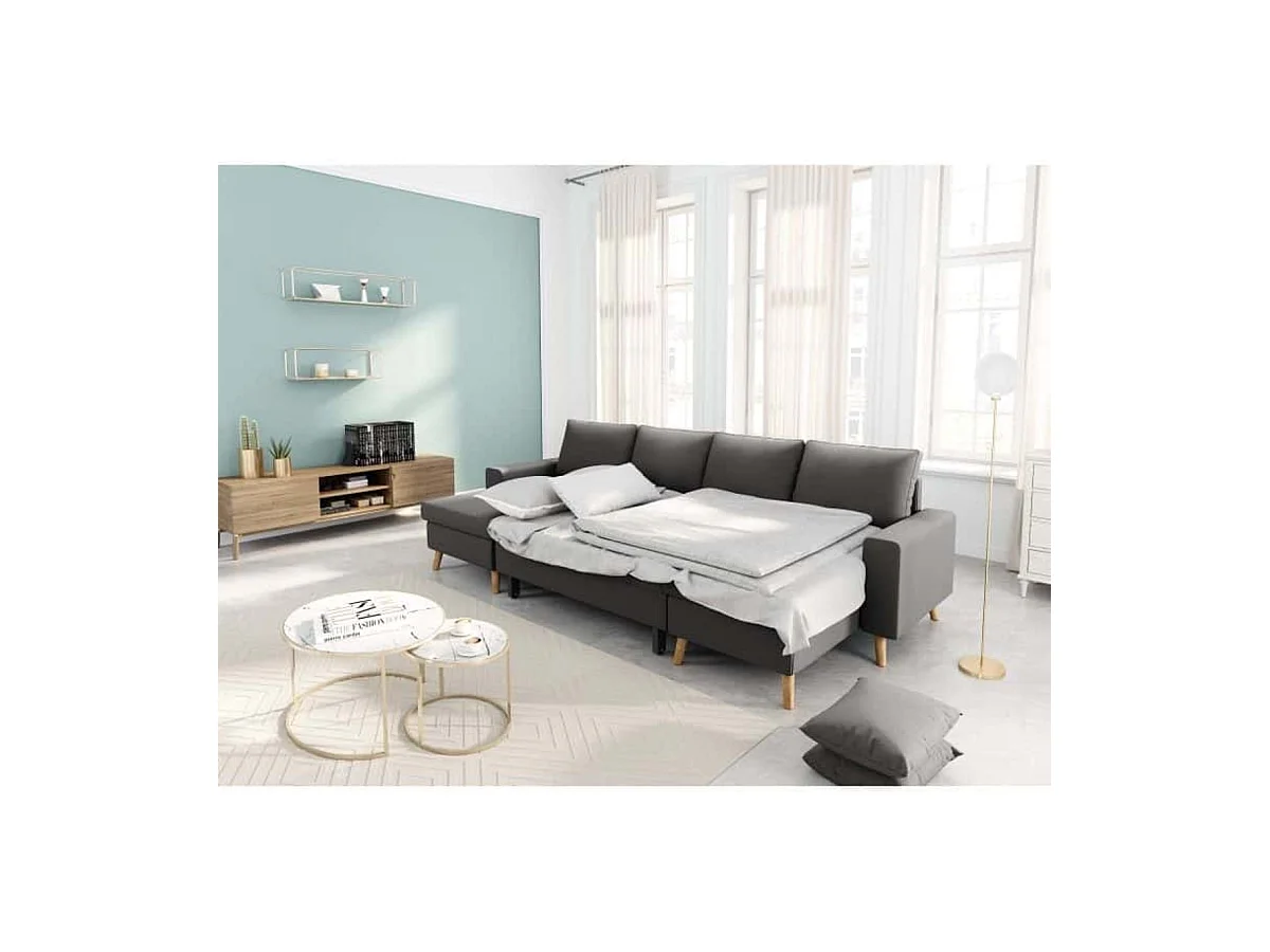 Canapé Panoramique Scandinave Convertible 2 Coffres en Tissu Déperlant