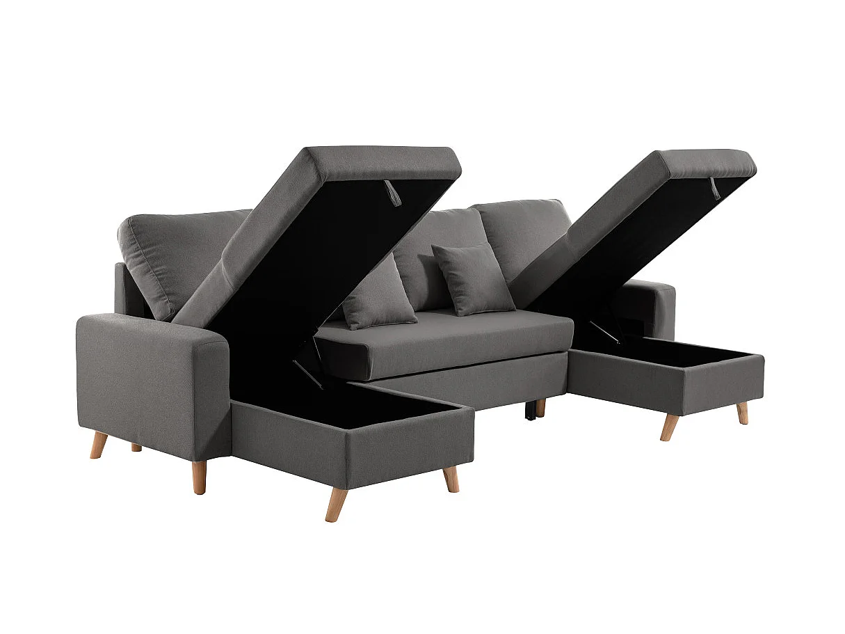 Canapé Panoramique Scandinave Convertible 2 Coffres en Tissu Déperlant