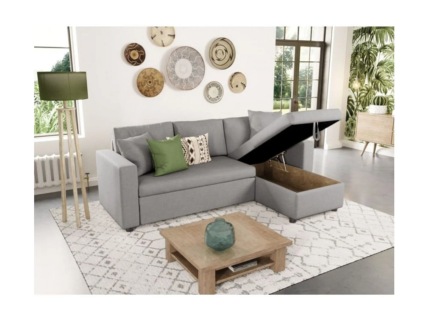 Canapé d'angle 3 places Maria réversible, convertible avec coffre en tissu - Gris clair - L227 x P146 x H81cm - Loungitude