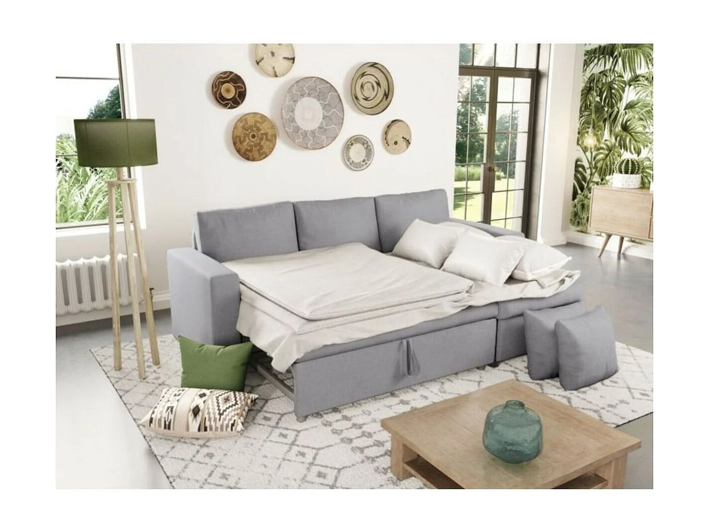 Canapé d'angle 3 places Maria réversible, convertible avec coffre en tissu - Gris clair - L227 x P146 x H81cm - Loungitude