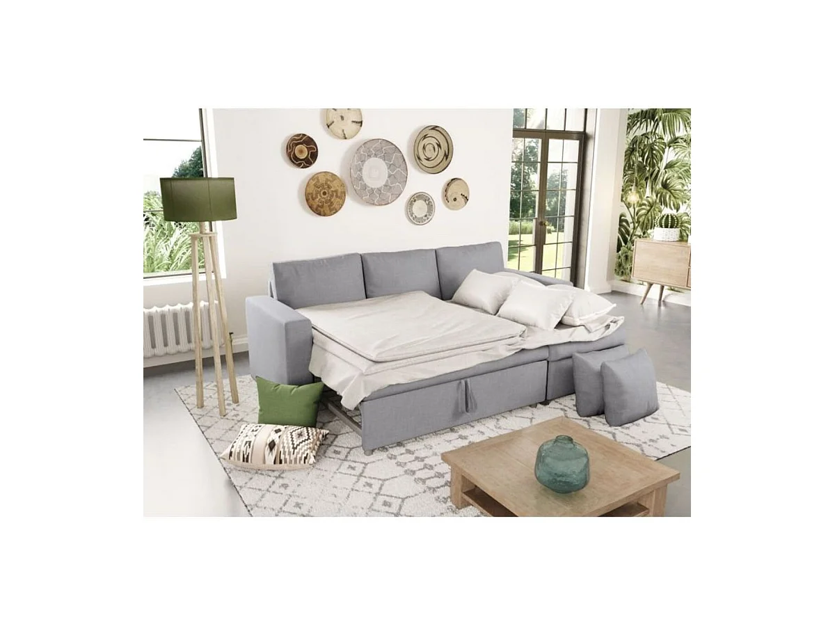 Canapé d'angle 3 places Maria réversible, convertible avec coffre en tissu - Gris clair - L227 x P146 x H81cm - Loungitude