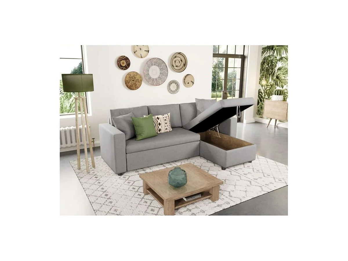 Canapé d'angle 3 places Maria réversible, convertible avec coffre en tissu - Gris clair - L227 x P146 x H81cm - Loungitude