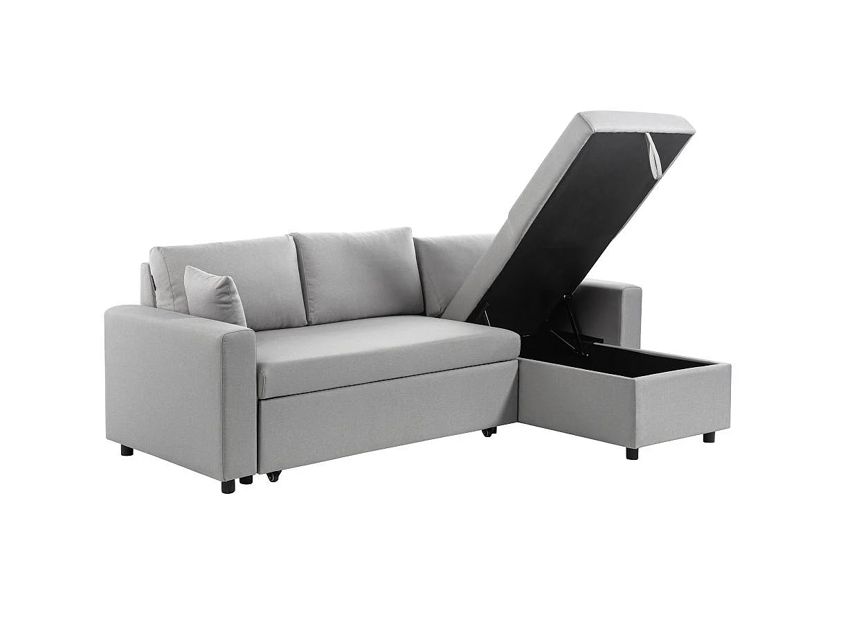 Canapé d'angle 3 places Maria réversible, convertible avec coffre en tissu - Gris clair - L227 x P146 x H81cm - Loungitude