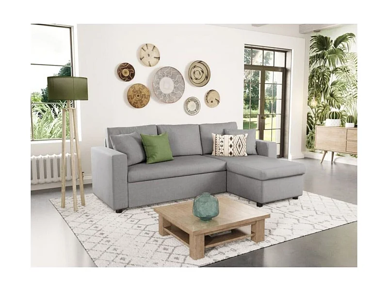 Canapé d'angle 3 places Maria réversible, convertible avec coffre en tissu - Gris clair - L227 x P146 x H81cm - Loungitude