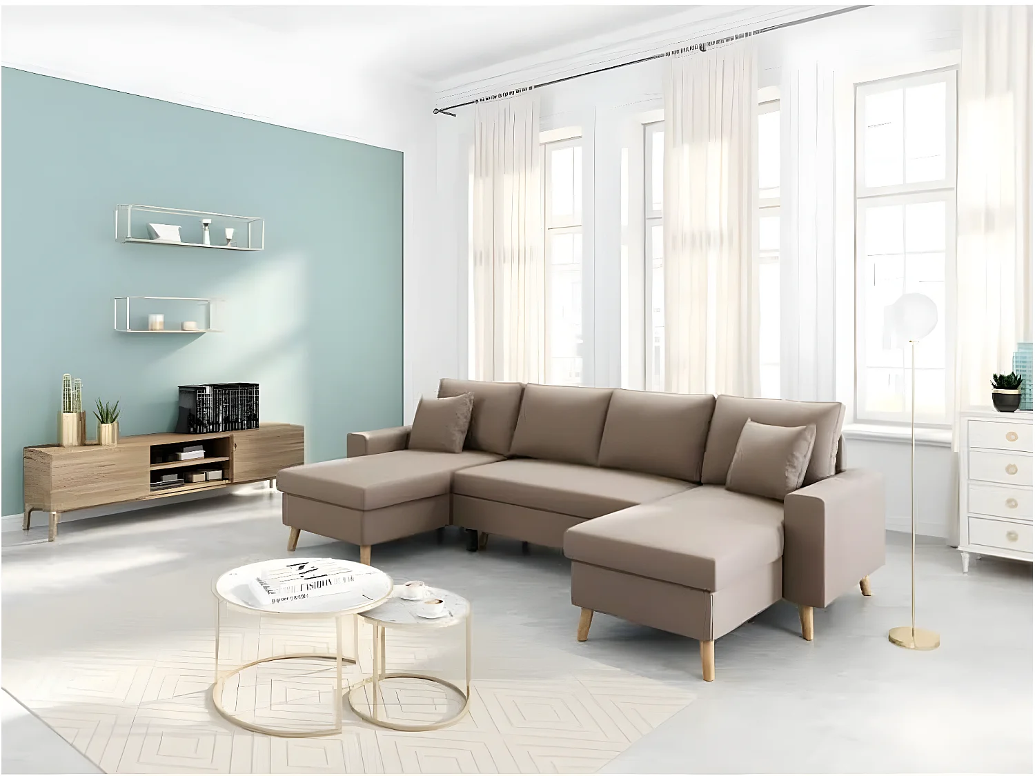 Canapé Panoramique Scandinave Convertible 2 Coffres en Tissu Déperlant