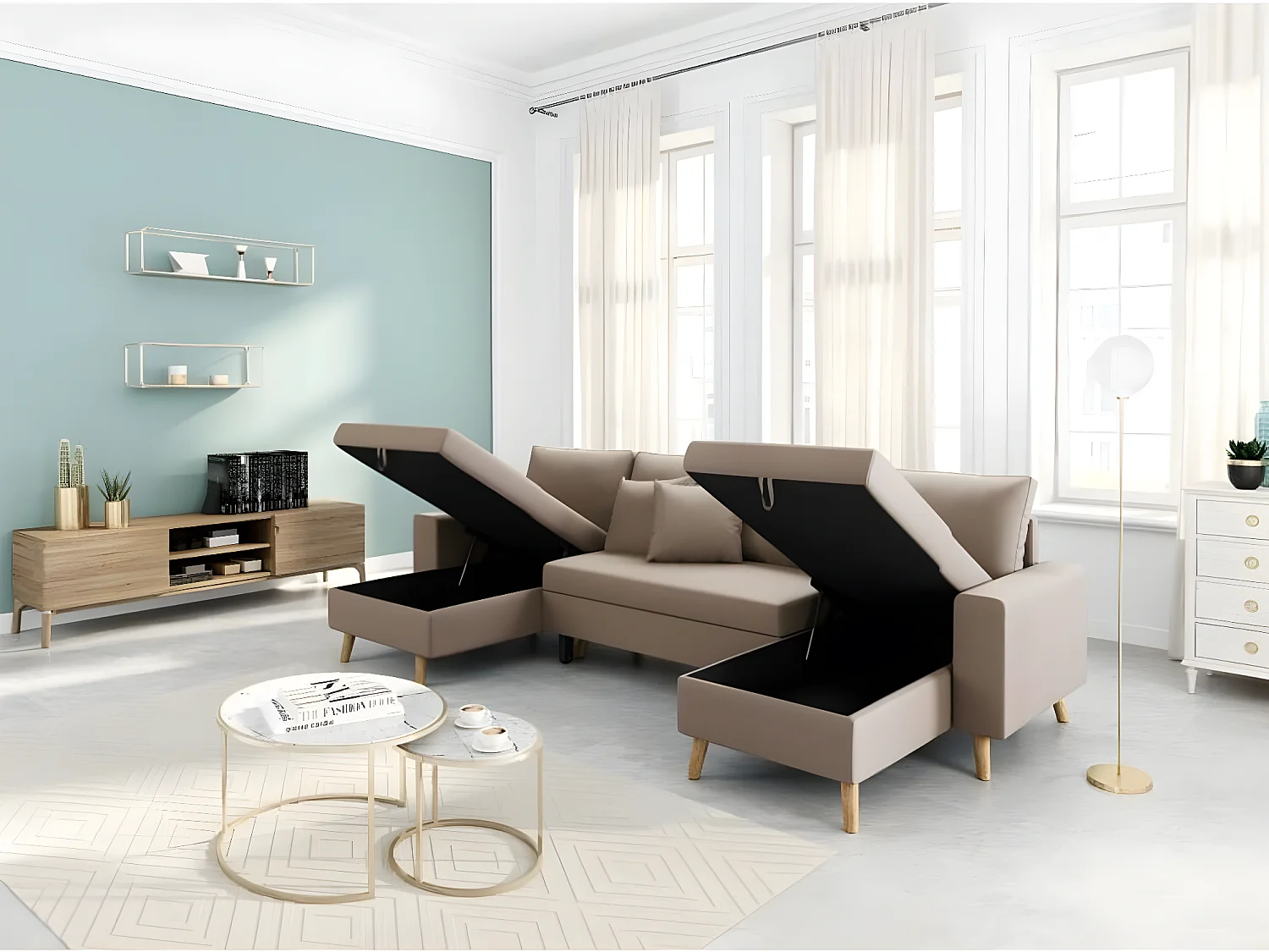 Canapé Panoramique Scandinave Convertible 2 Coffres en Tissu Déperlant