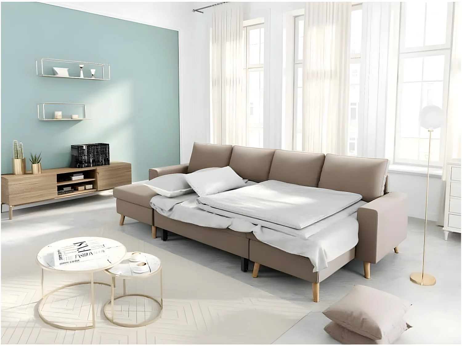 Canapé Panoramique Scandinave Convertible 2 Coffres en Tissu Déperlant