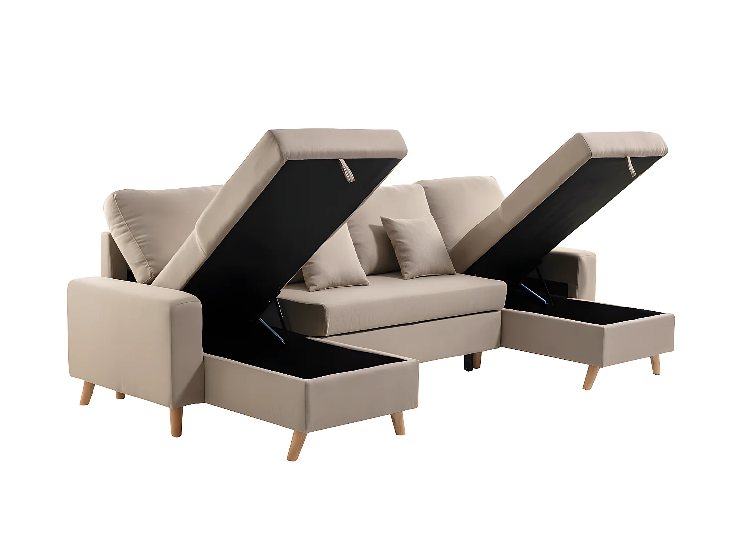 Canapé Panoramique Scandinave Convertible 2 Coffres en Tissu Déperlant